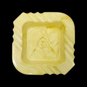 Freemason Masonic Vintage Ashtray Yellow Ceramic MCM Square Compass Collectible